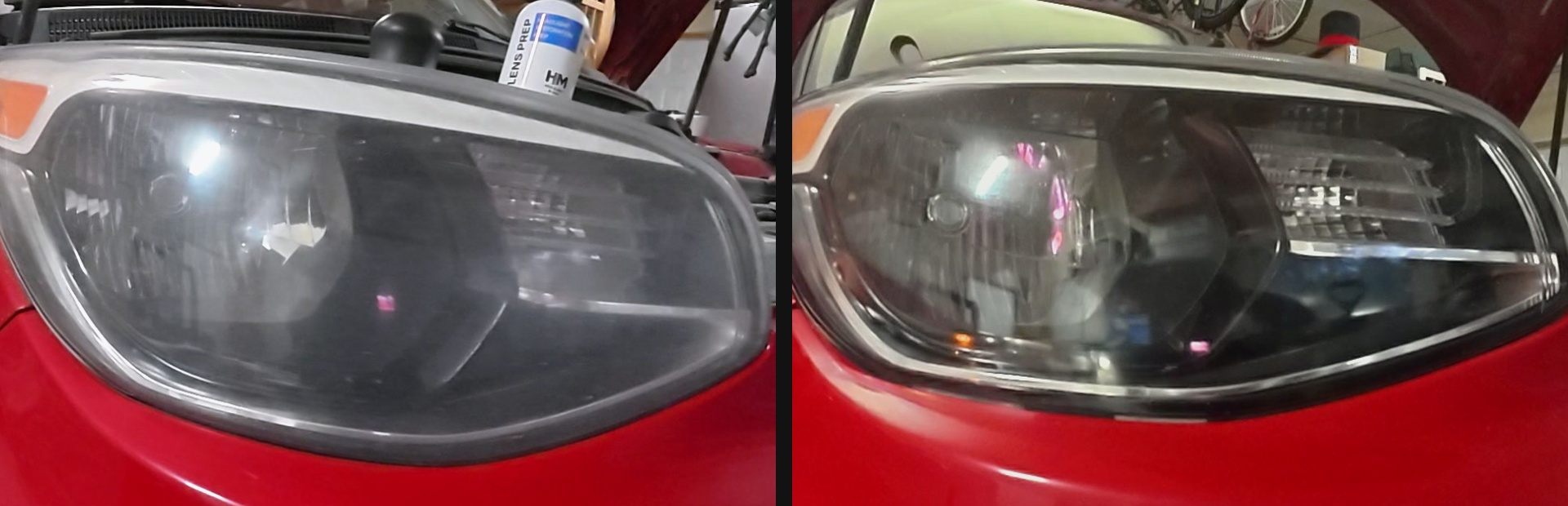 Red Kia Soul headlight hazy before and clear after restoration