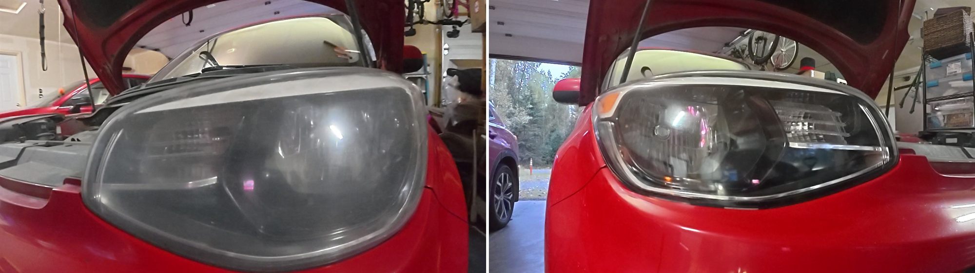 Kia Soul untreated headlight next to the restored headlight