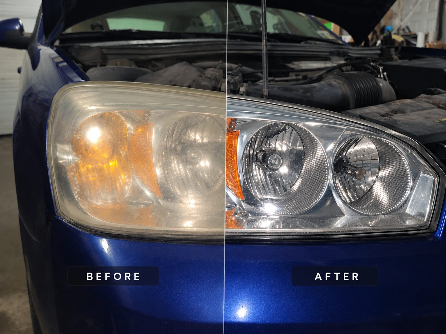Chevy Malibu headlight, half oxidized and yellow, half restored to clear