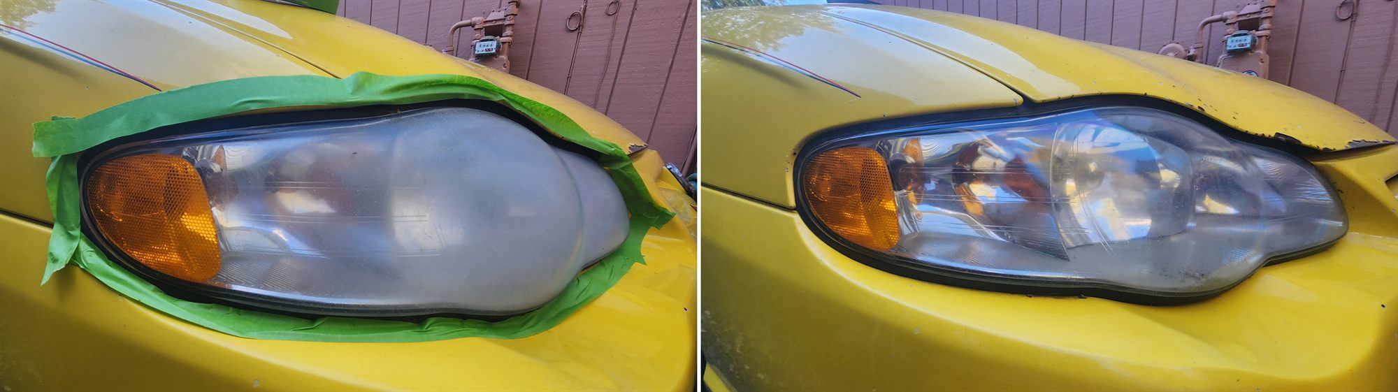 Close-up of the Monte Carlo headlight masked off before restoration and clear after