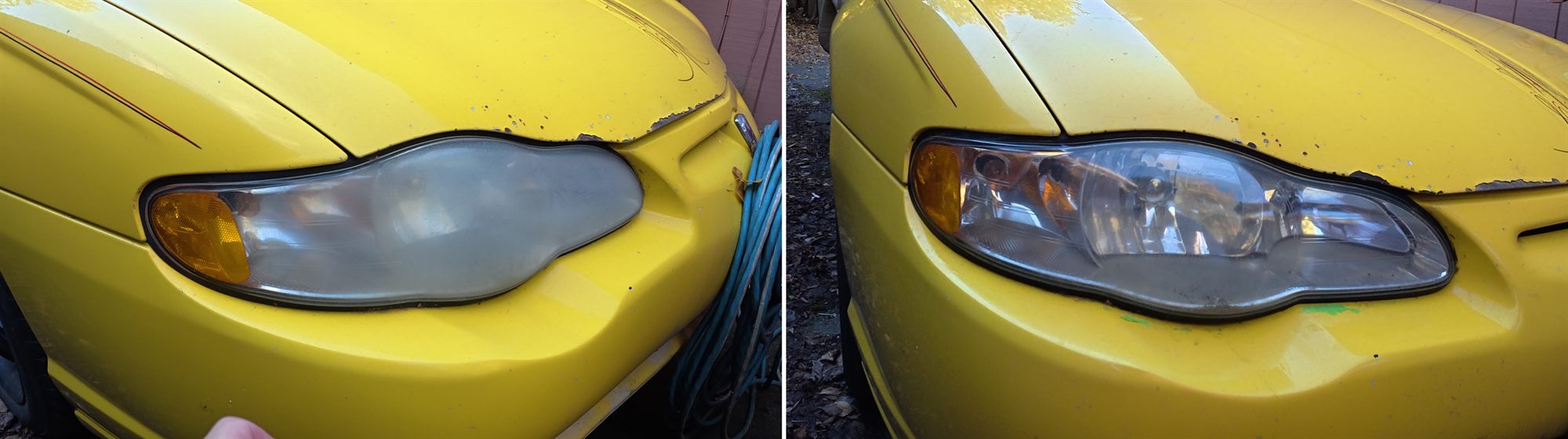 Yellow Chevy Monte Carlo headlight: foggy and white before, clear after